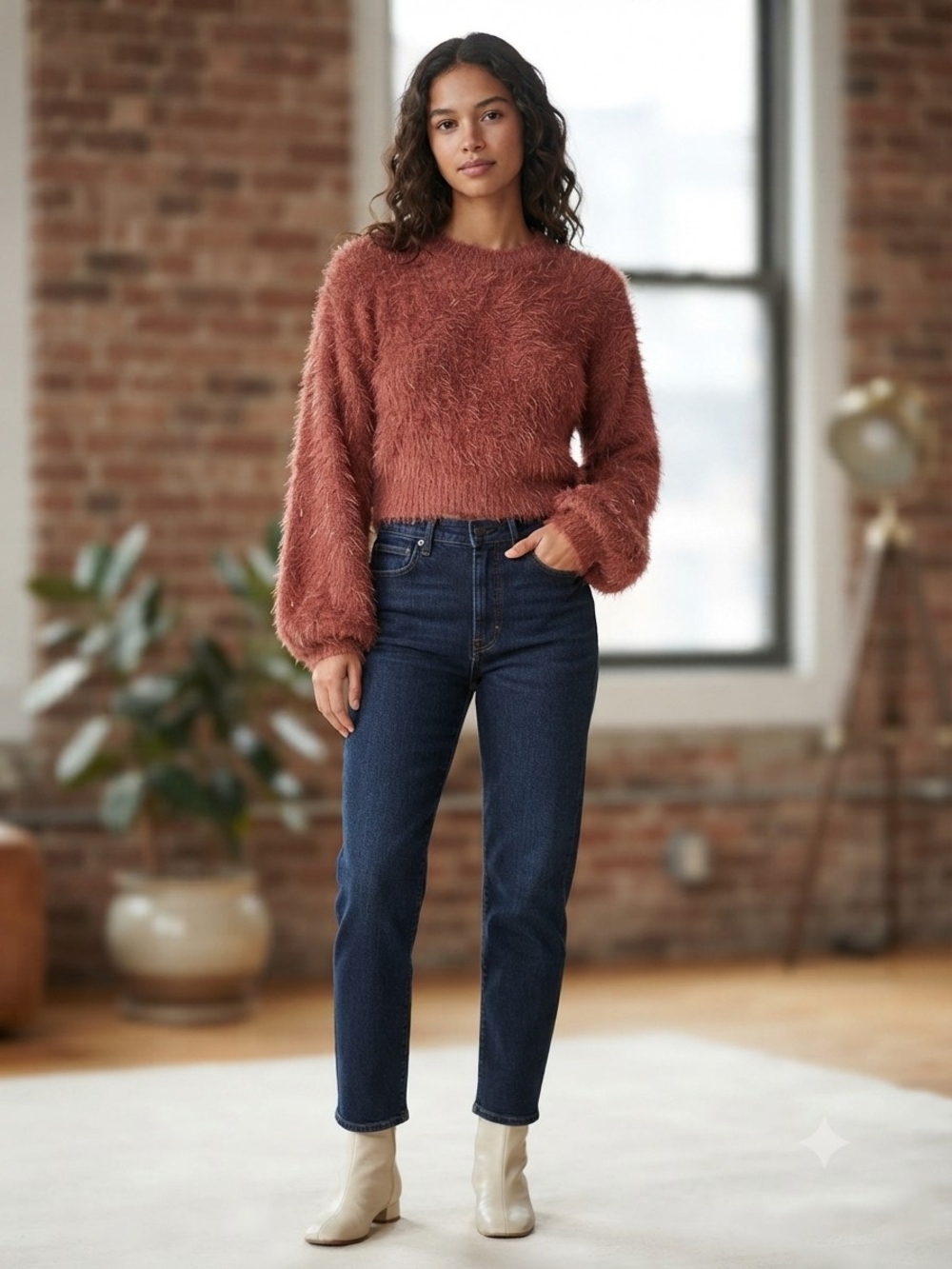 Woven Heart Fuzzy V-Neck Sweater in Rusty Rose